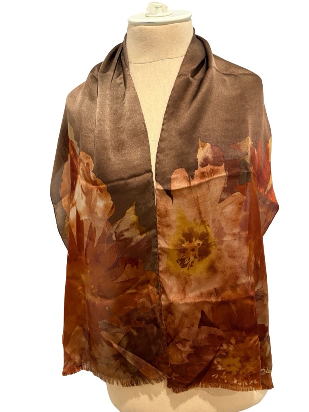 Lauren Ralph Lauren 100% Silk Floral Rectangle Scarf 52"x12" Brown Tones